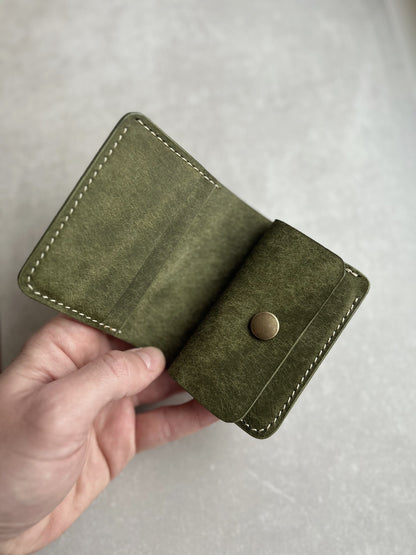 Bifold Leather Vertical Wallet With Coin Pocket | Olive Colored Pueblo Leather Wallet | Engraved Leather Wallet |Top Grain Leather Wallet