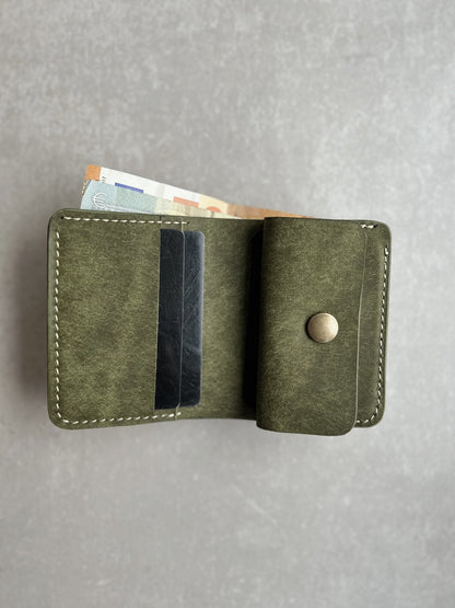 Bifold Leather Vertical Wallet With Coin Pocket | Olive Colored Pueblo Leather Wallet | Engraved Leather Wallet |Top Grain Leather Wallet